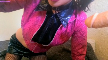 Latex Roxie - Pink Leather Snakeskin Cock Worship Full